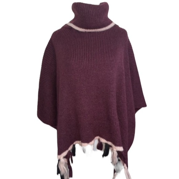 Libby Edelman Burgundy Tassel Sweater Poncho Wrap OS - Picture 15 of 15
